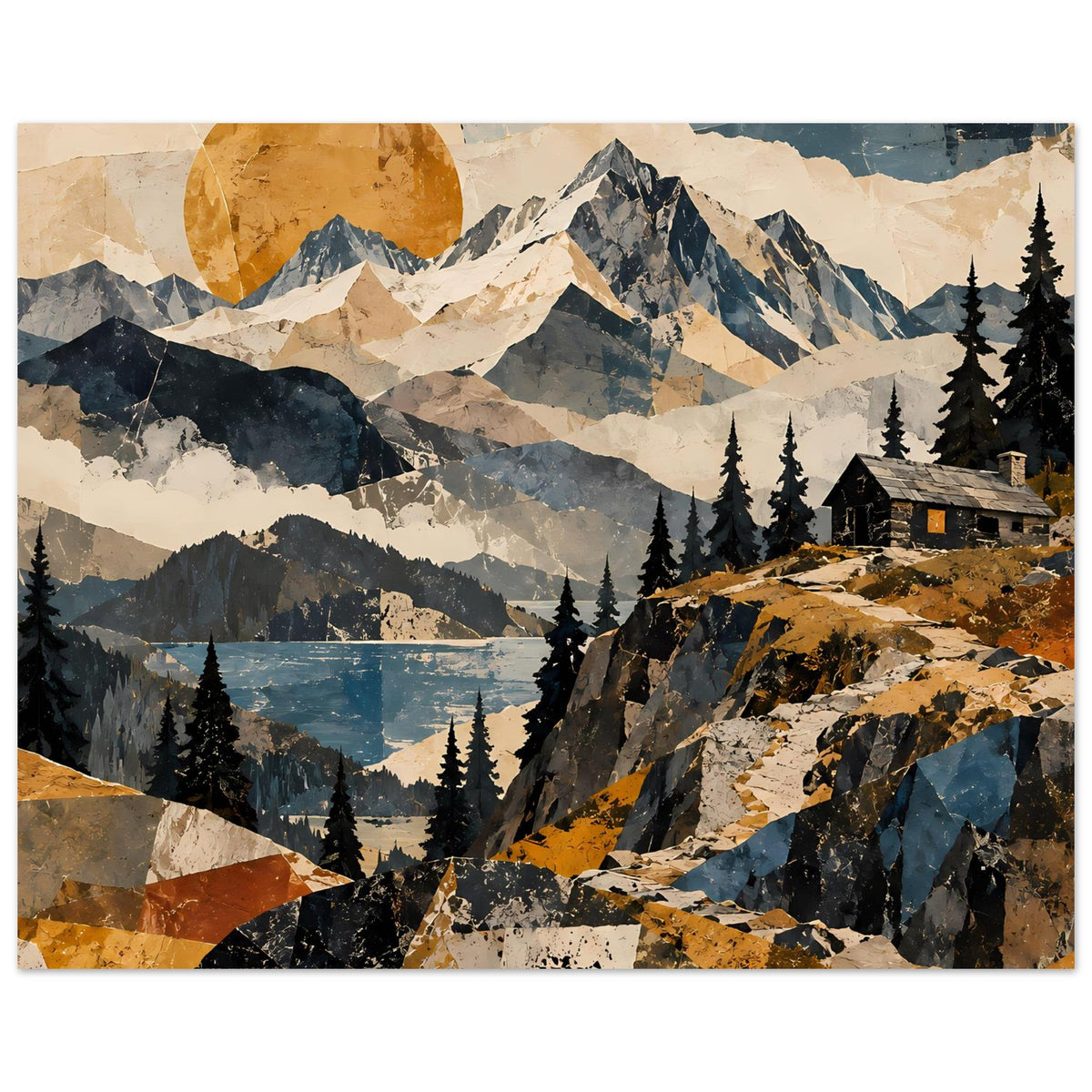 Naturposter im Querformat: Bergmassiv, Tannenwald, See und Hütte im abstrakten Stil