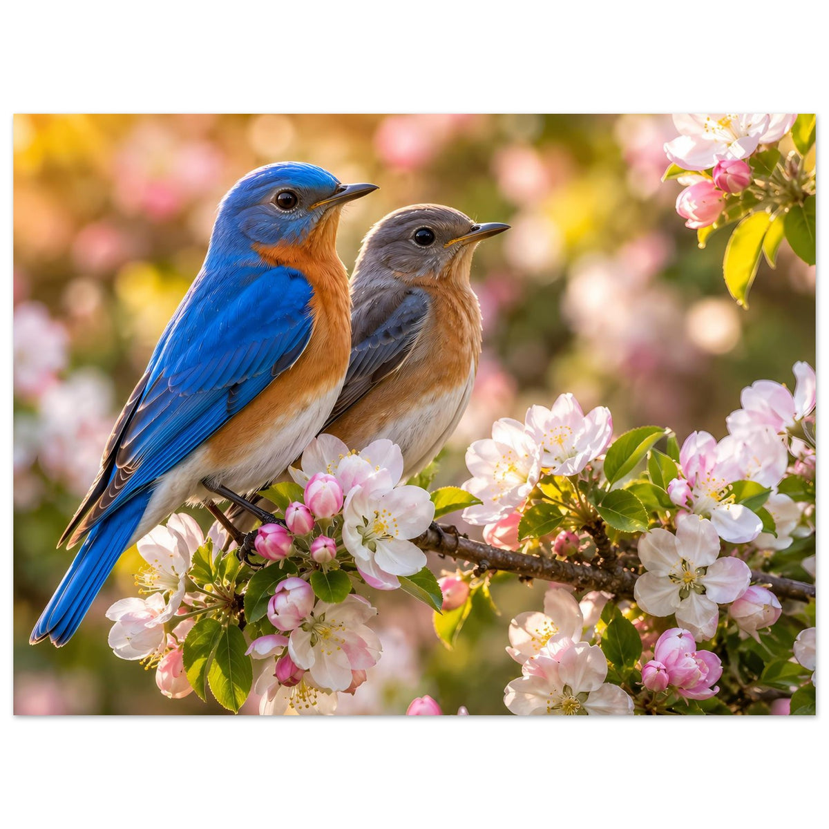 Vogelposter: zwei Vögel auf blühender Zweigspitze mit rosa-weißen Blüten im Fokus