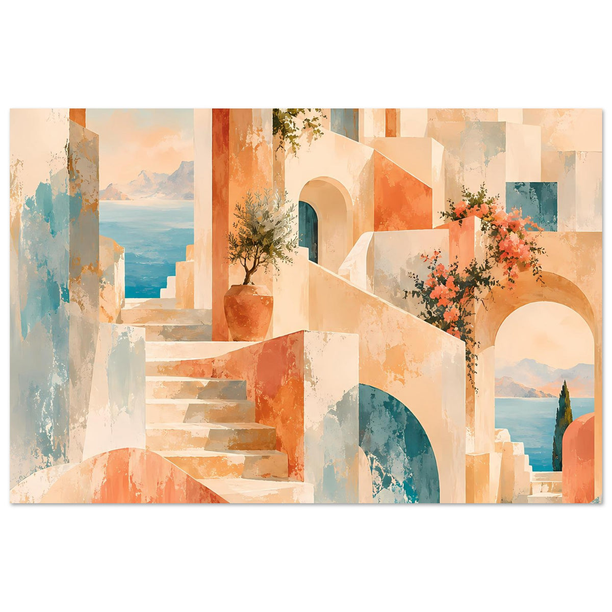 Mediterranes Poster: Treppe mit Rundbögen, Tontopf und Strauß mit rosa Blüten vor blauem Himmel