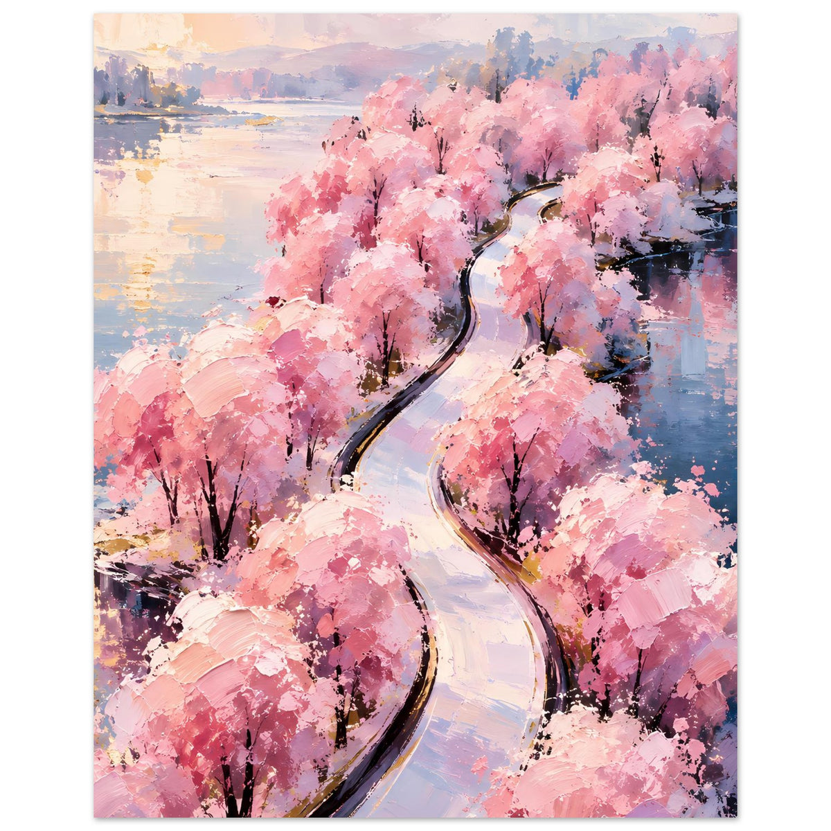 Poster im Hochformat mit rosa Blütenbäumen und geschwungenem Weg
