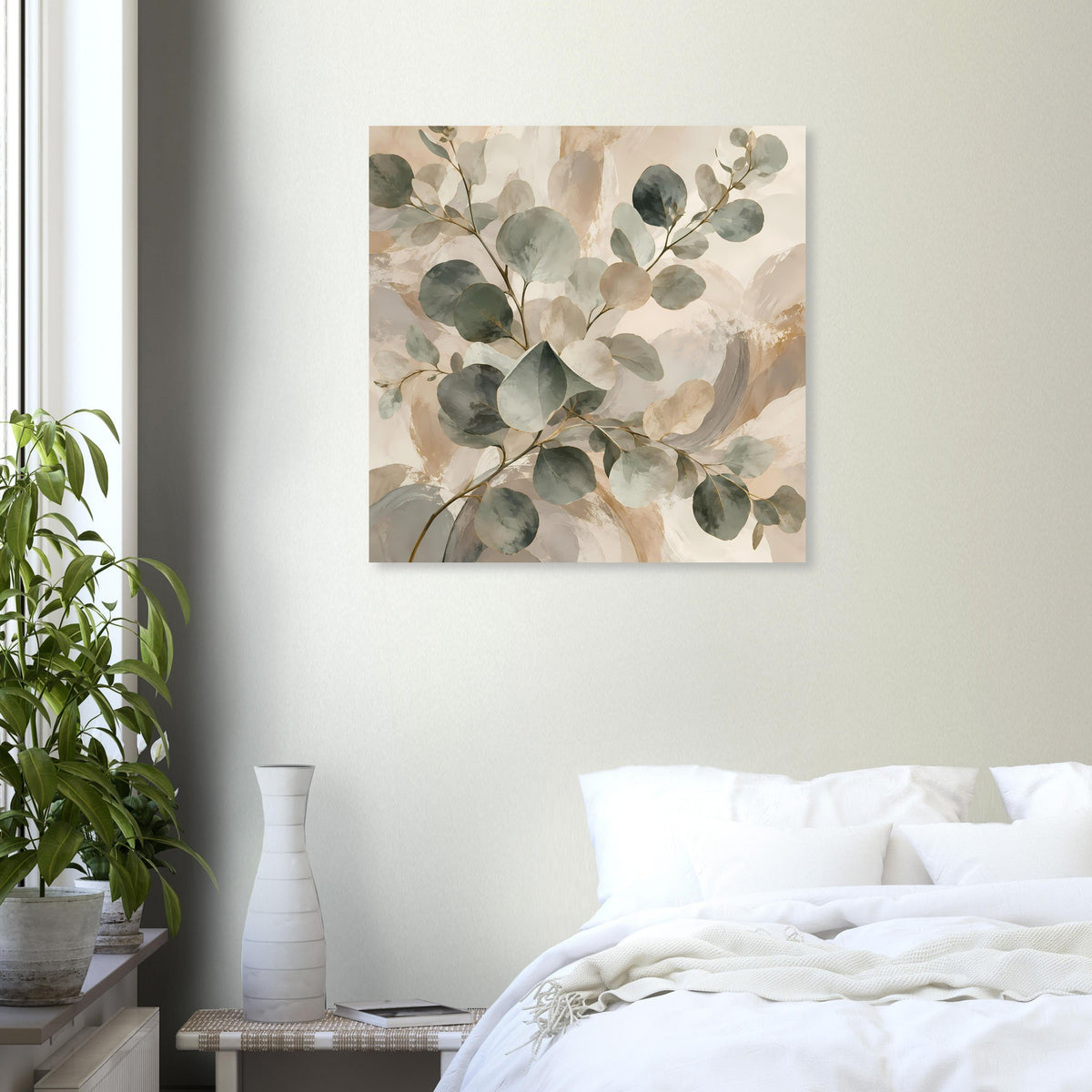 Quadratisches botanisches Poster mit Wasserfarben-Blättern in Salbeigrün und Naturbeige
