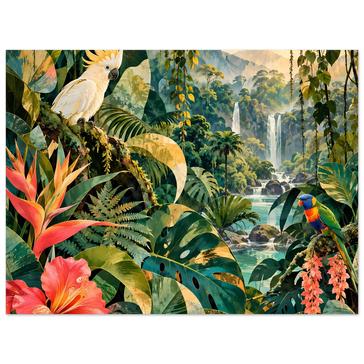 Querformat-Poster mit tropischen Blättern, Wasserfall im Hintergrund und buntem Papagei