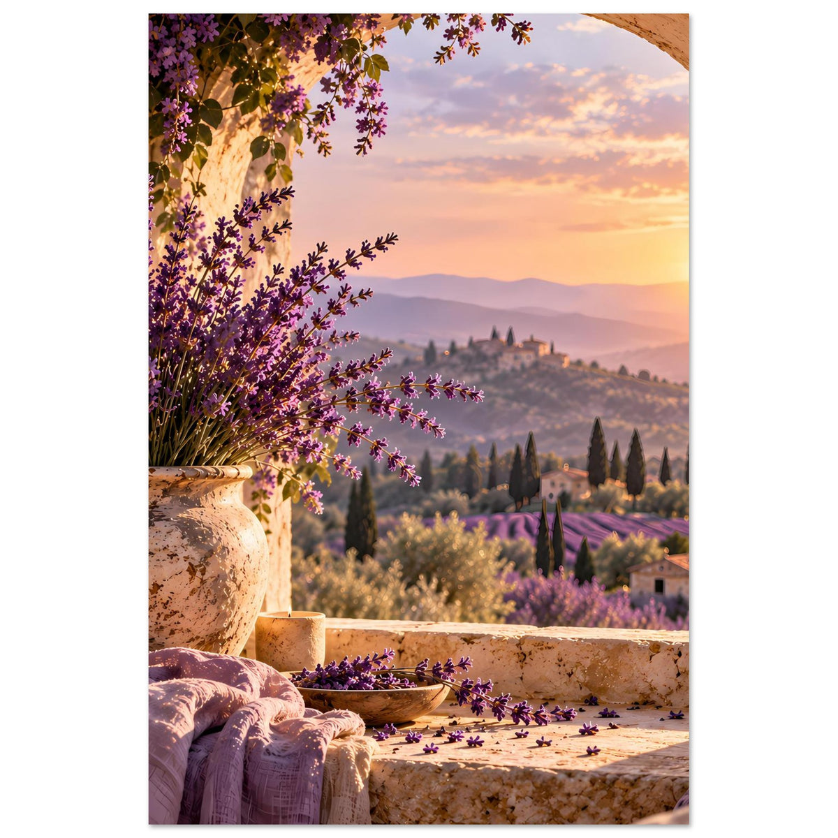 Lavendelabend-Poster im Hochformat mit Lavendelblüten, Keramikvase und Sonnenuntergang.