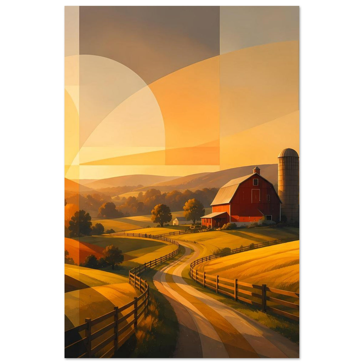 Hochkant-Poster mit roter Scheune und Siloturm, goldene Felder, abstrahierte geometrische Akzente