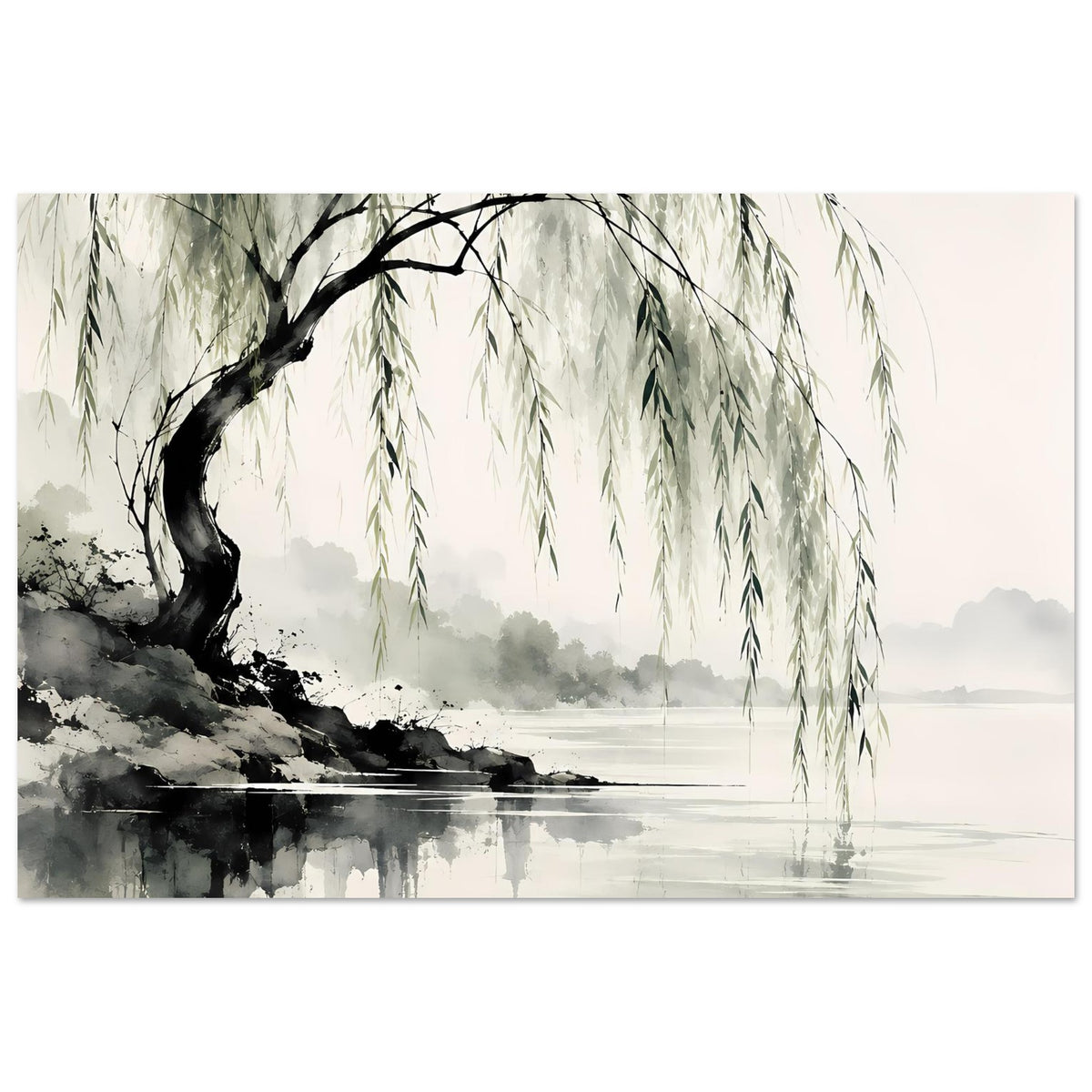 Naturposter mit Weidenbaum, hängenden Zweigen und breiter Wasserfläche mit Reflexion