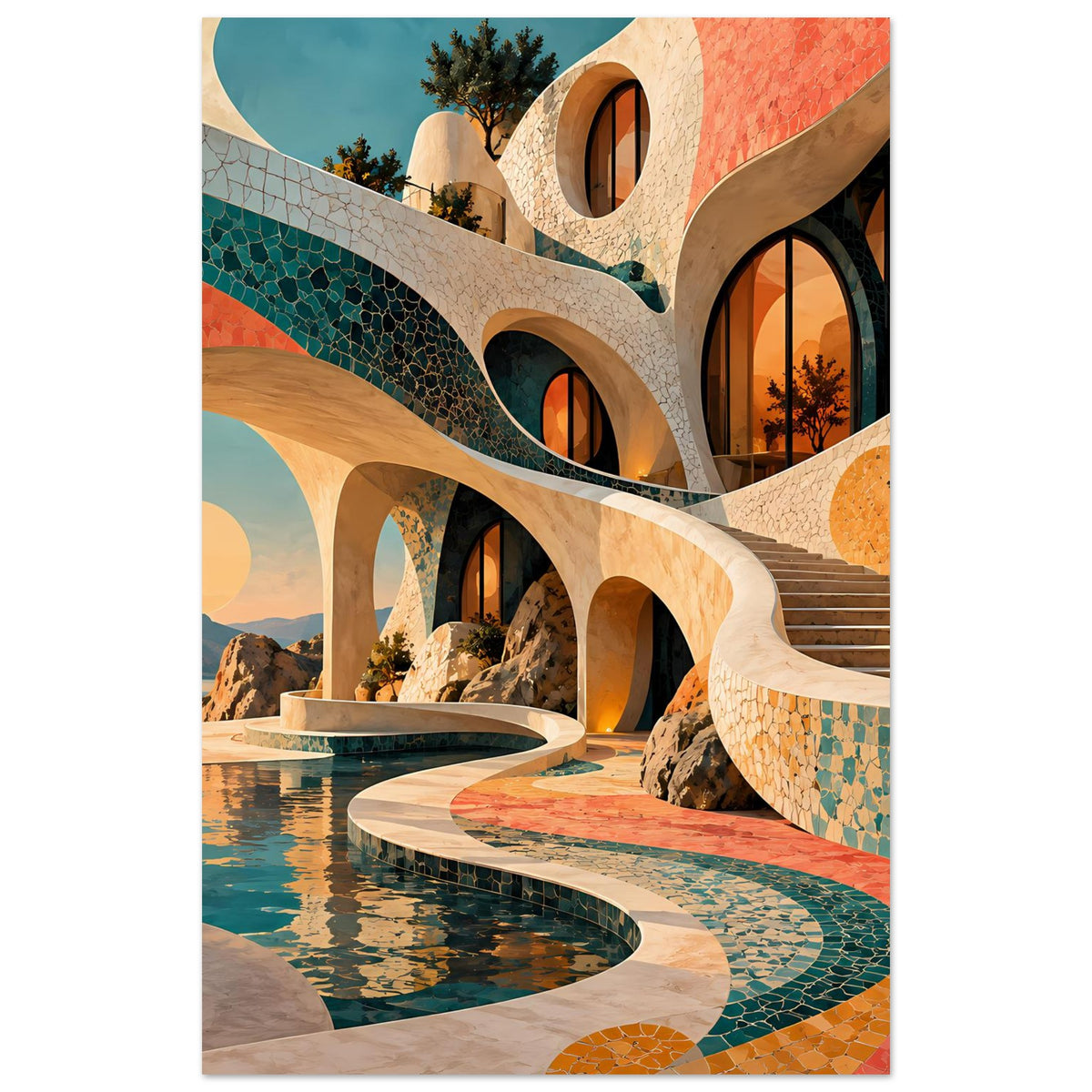 Kunstposter: Mosaikbögen in Türkis und Koralle über einem Wasserbecken