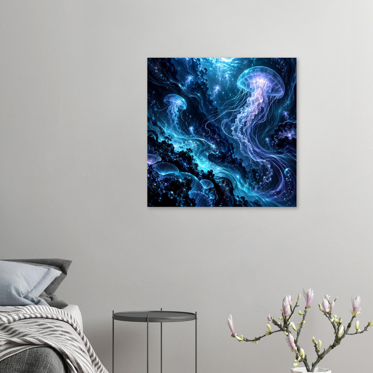 Unterwasser-Poster mit leuchtenden Quallen in Tiefblau, klein gerahmt im Wohnzimmer