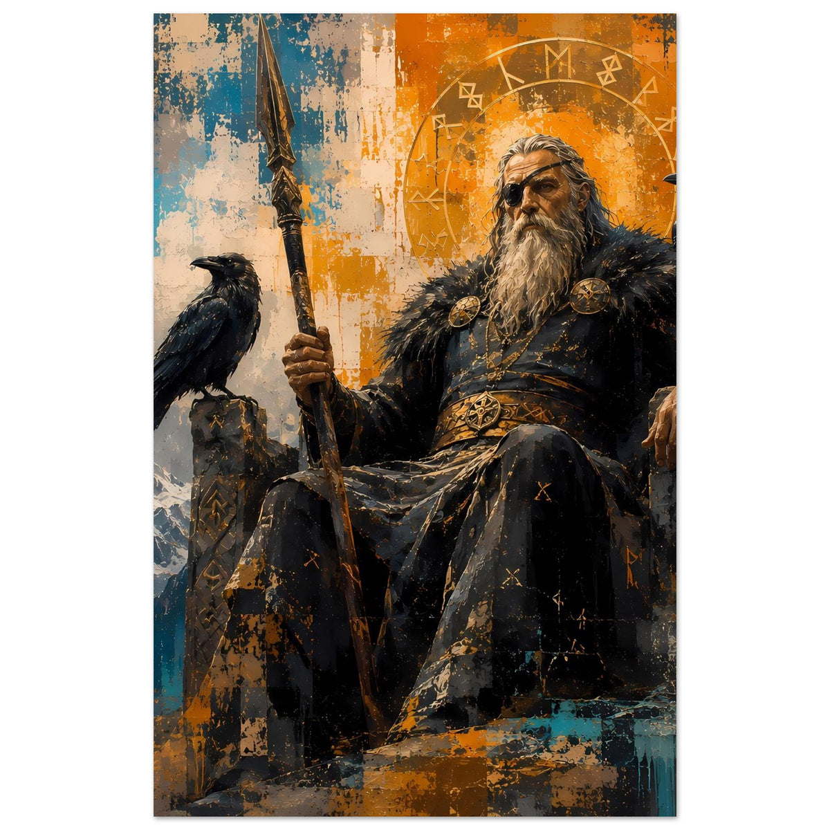 Poster: sitzender bärtiger Wikinger-Gott mit Speer, Rabe links, kräftige Orange- und Blautöne