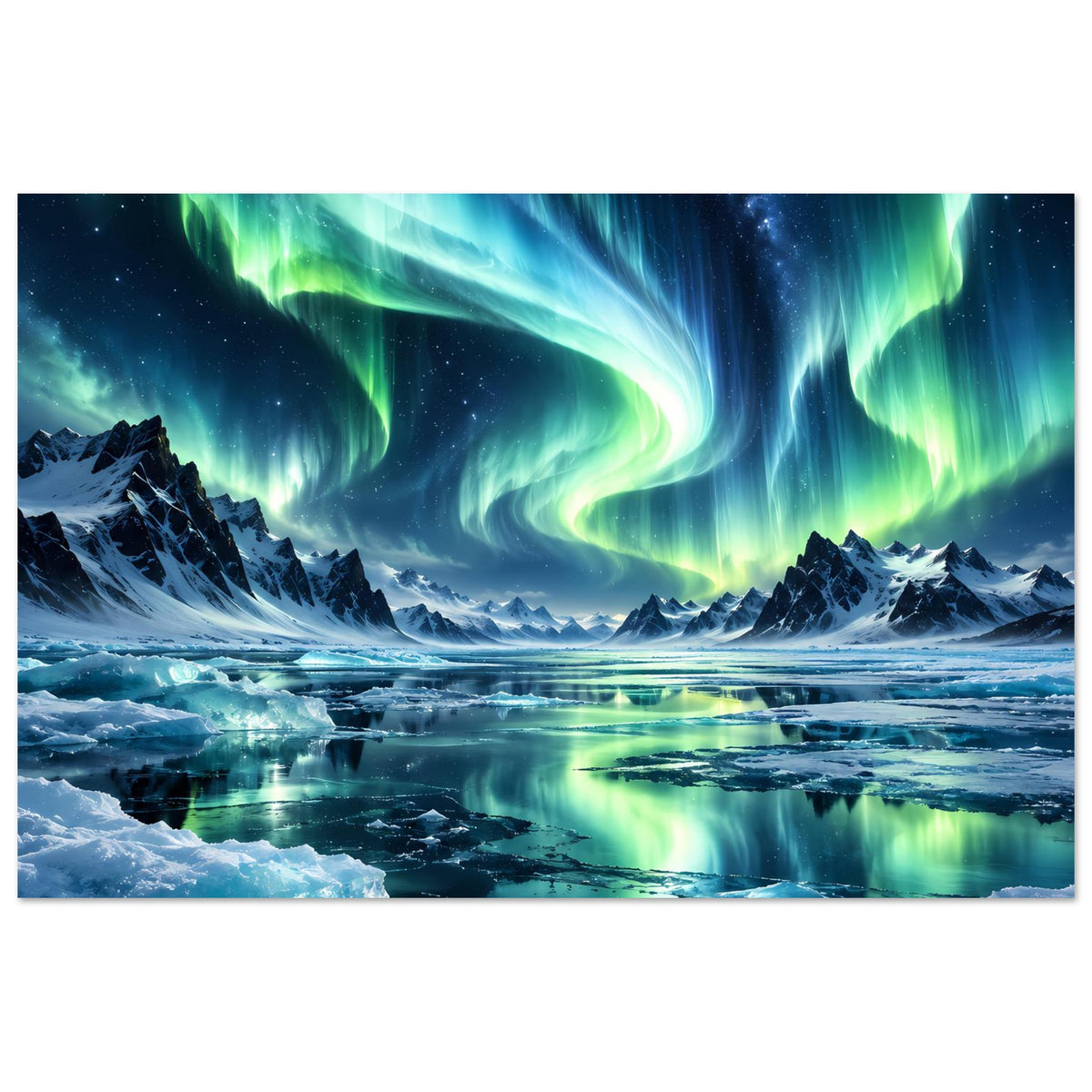Nordlicht-Poster mit dynamischen Lichtbögen über schneebedeckten Bergen und spiegelndem Wasser