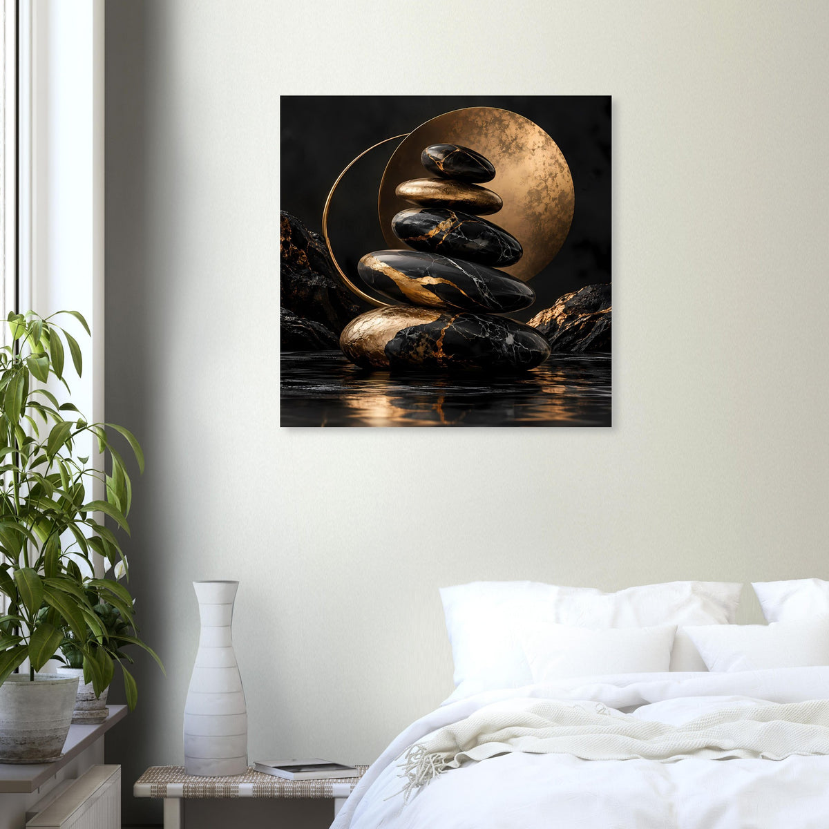 Zen-Stein-Poster mit schwarzen Steinen, goldener Mondscheibe und Spiegelung im Wasser