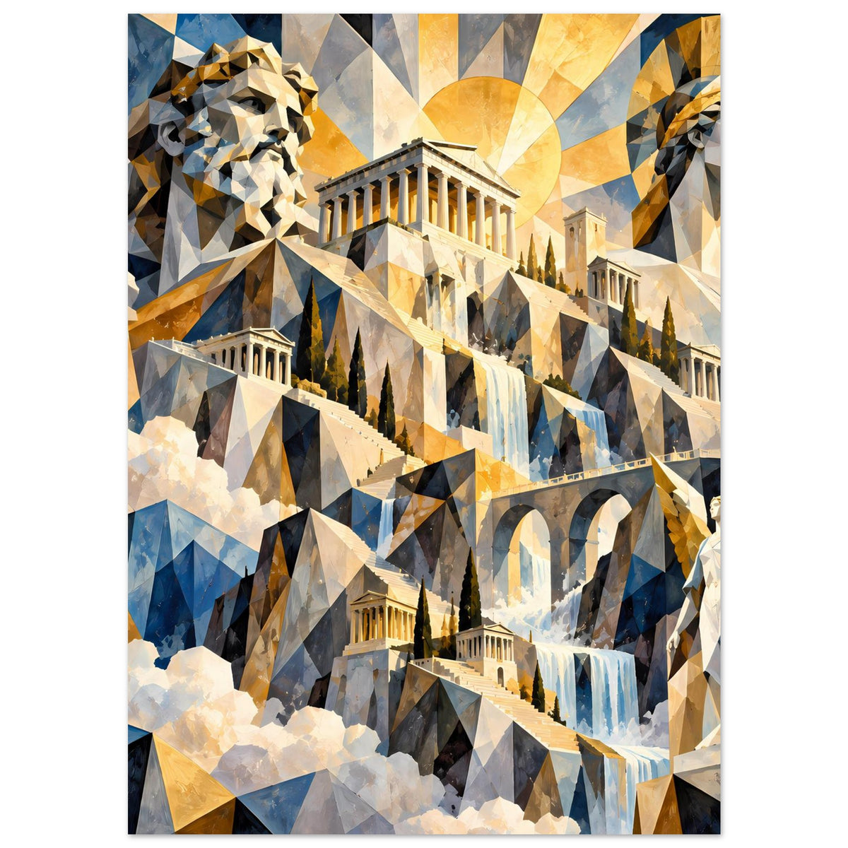 Poster mit geometrischer Szene: Löwenkopf, Säulenbau, Bogen und Wasserfall; Blau und Gold