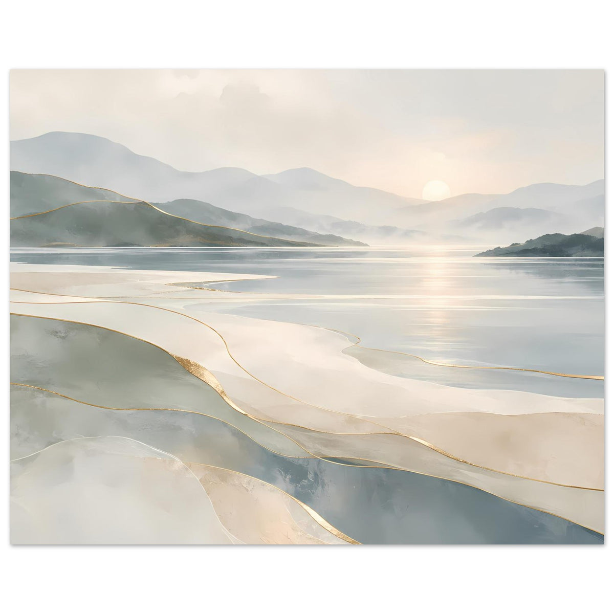 Poster mit Meer- und Dünenmotiv, Beige/Grau mit goldenen Schattierlinien
