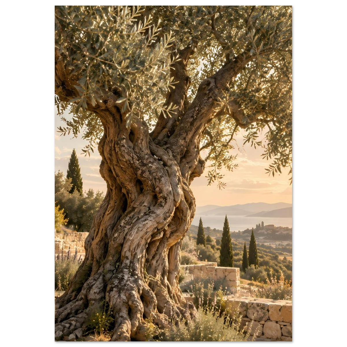Poster mit knorrigem Olivenbaum und ausladenden Ästen, grüne Blätter, warmes Panorama