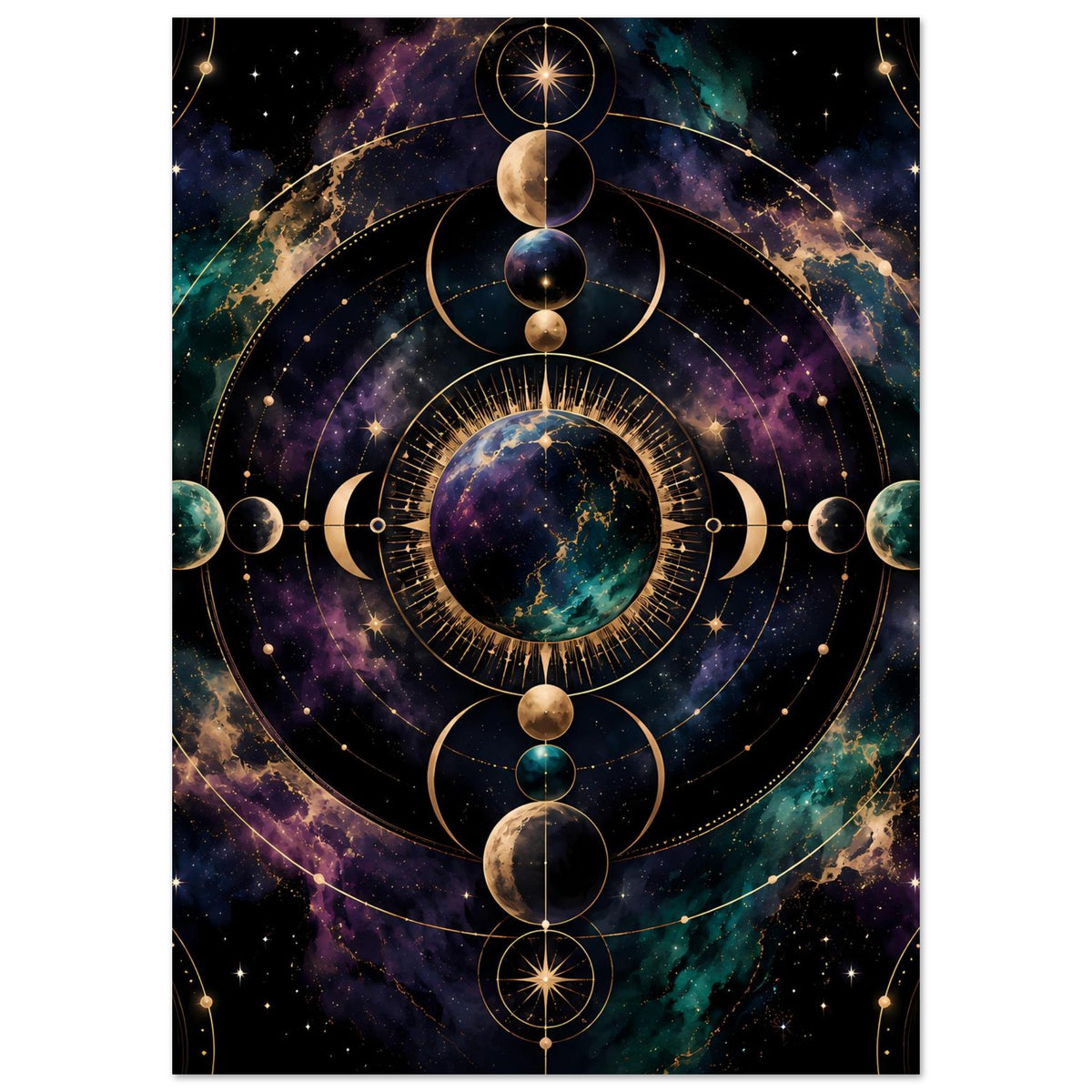 Poster im Hochformat mit Planetenscheibe in der Mitte und Mondphasenbögen
