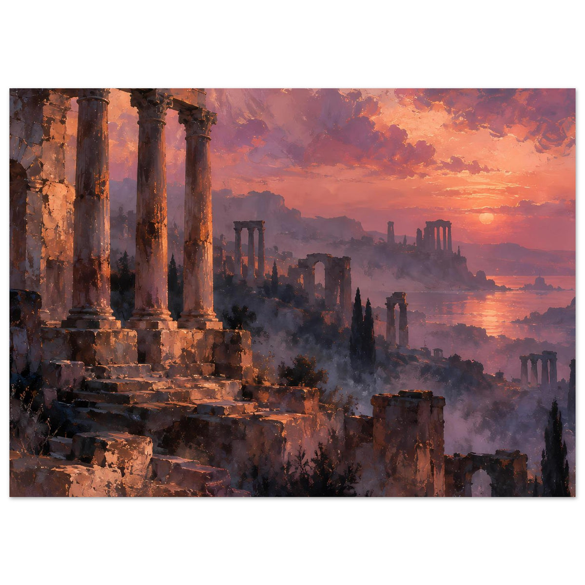 Poster mit antiken Ruinen im Dunst, Sonnenuntergang in Orange und Violett