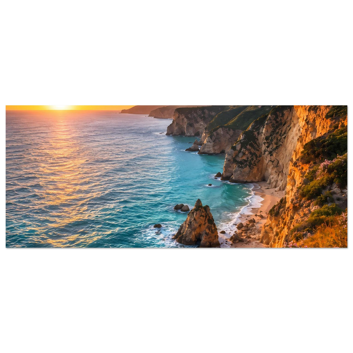 Breites Poster im Querformat: Sonnenuntergang, Meer mit Brandung und Klippen am Rand