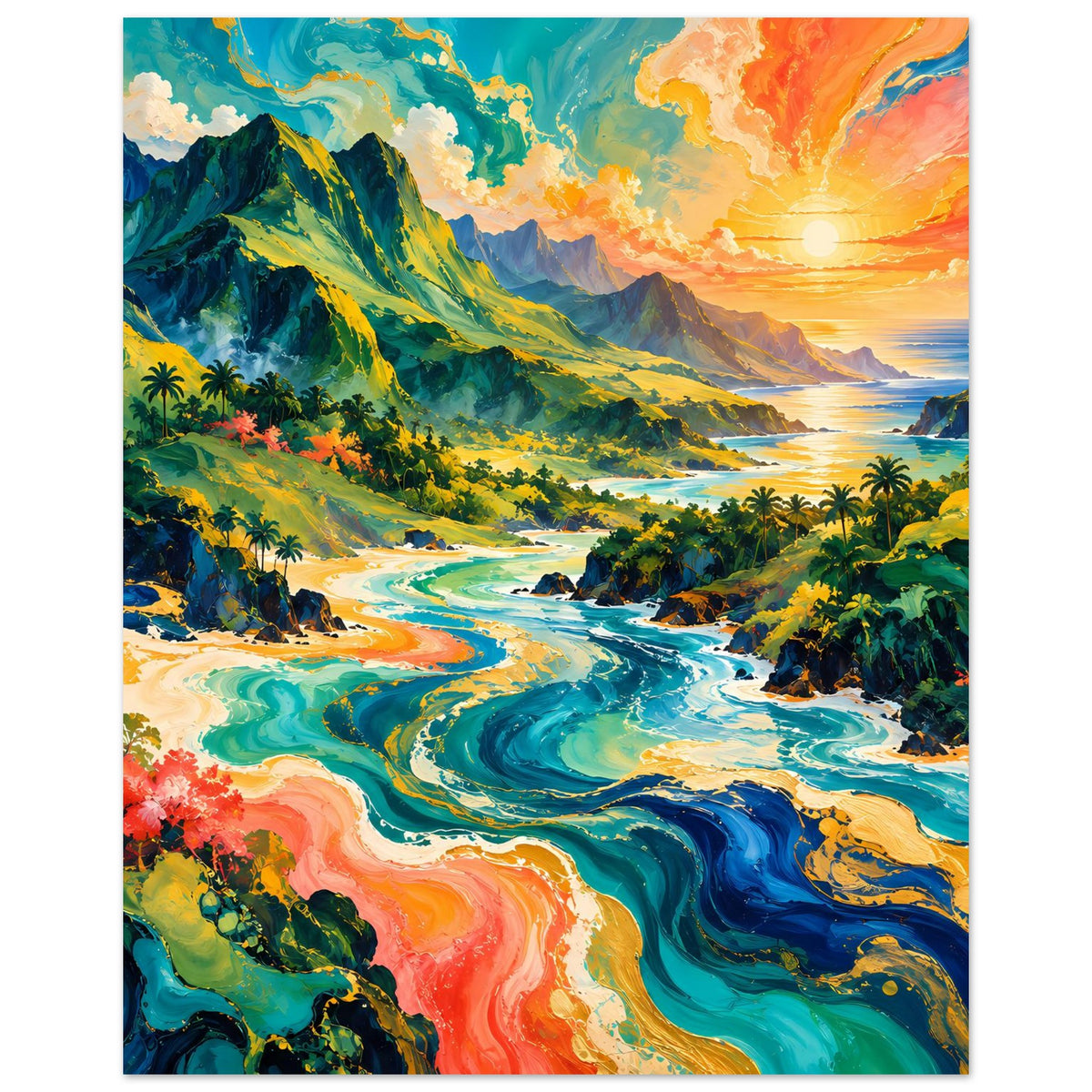 Tropisches Sonnenuntergangs-Poster, vertikal: Dschungelgrün, Meeresschaum und roter Sonnenhorizont