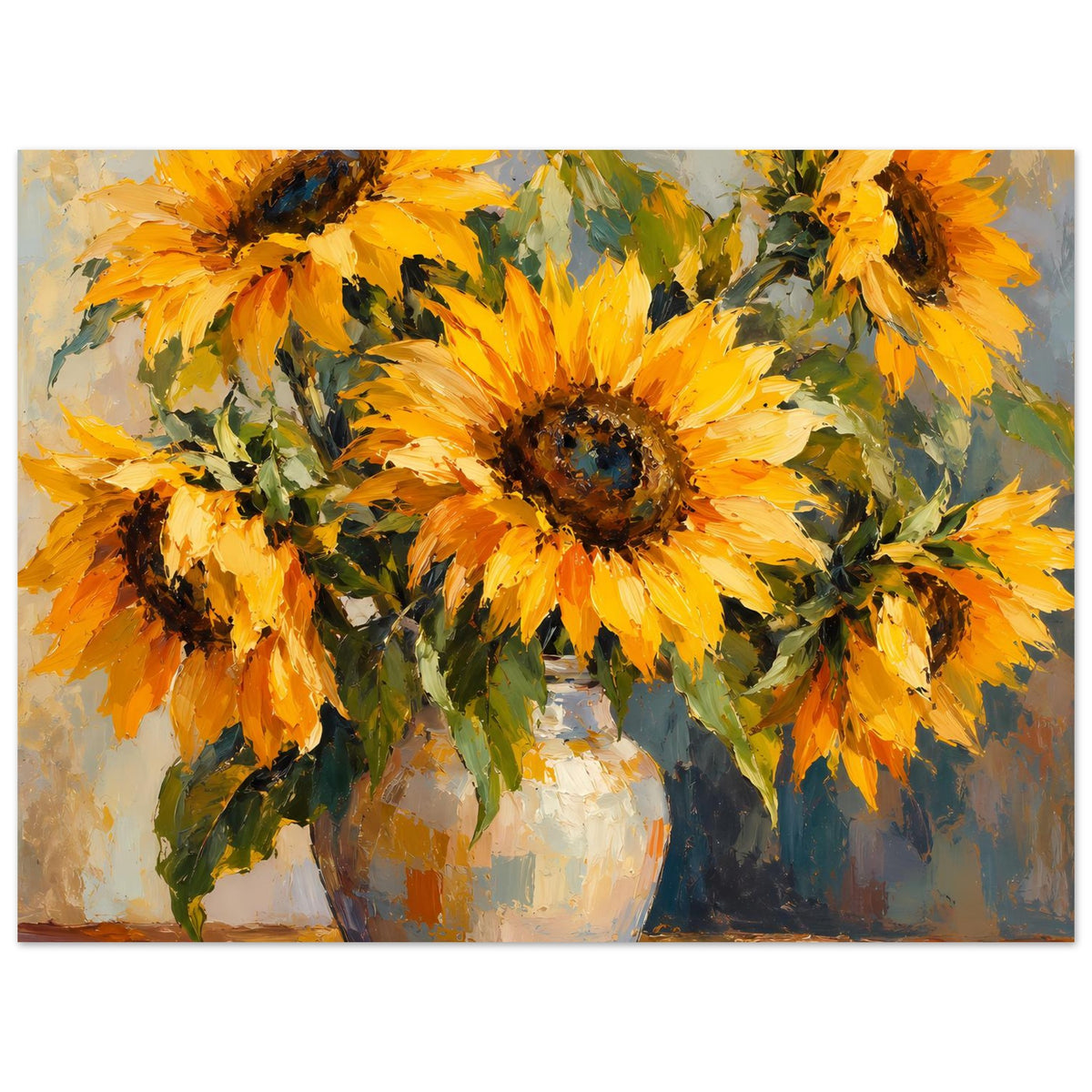 Sonnenblumen-Stillleben-Poster mit großen gelben Blüten in einer Vase, horizontales Format