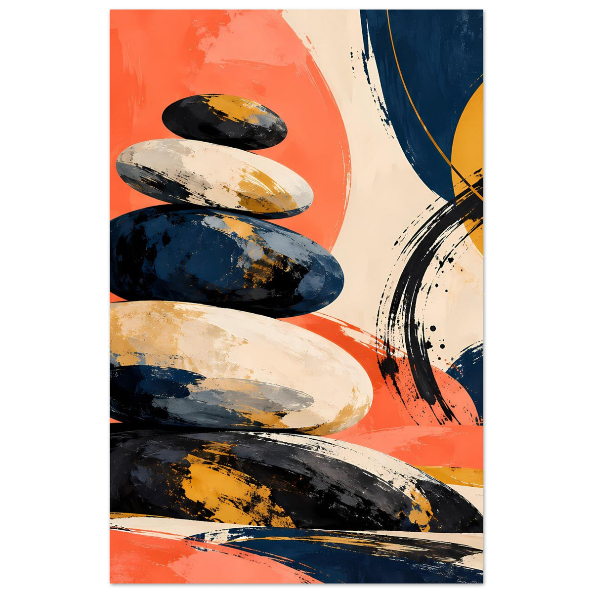 Abstraktes Poster, Stapel Steine mit Strukturen; orangefarbener Hintergrund, Navy-Details