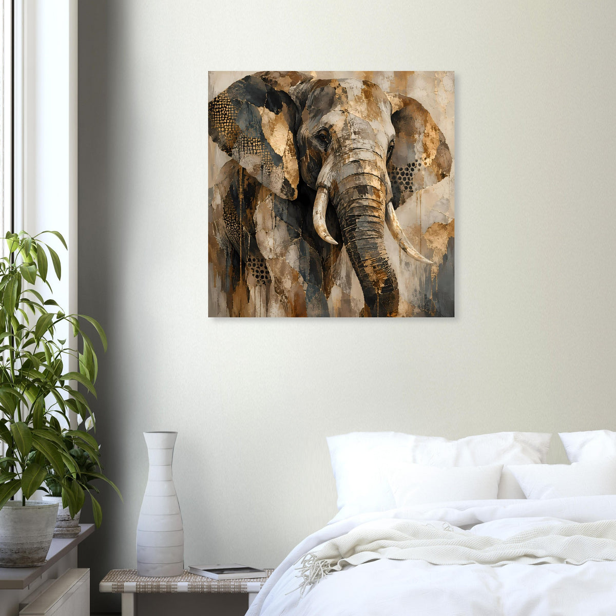 Elefantenkunst-Poster im Hochformat mit Elefantenkopf in warmen Erdtonfarben