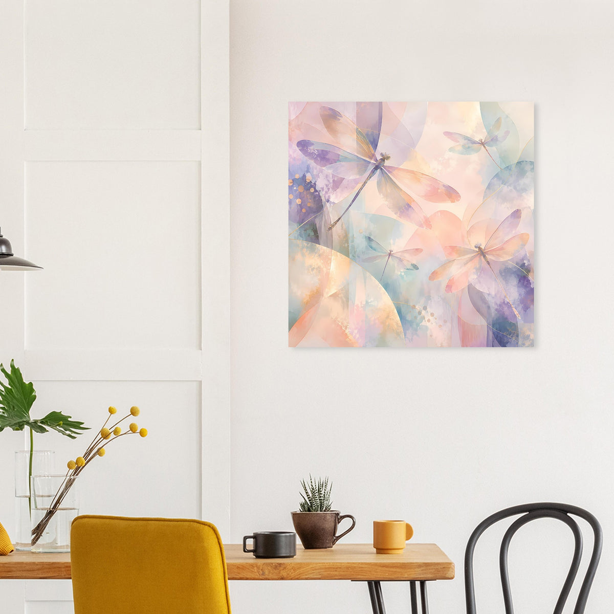 Pastellposter mit Libellen über abstrakten, weich verlaufenden Formen in Pastellfarben
