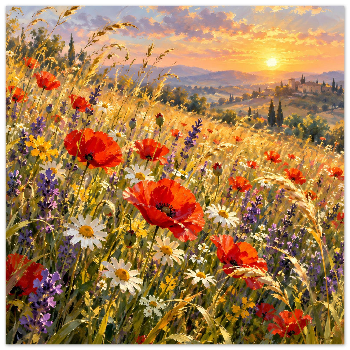 Hochformat-Poster mit Blumenwiese, bunten Wildblumen und tiefstehender Sonne