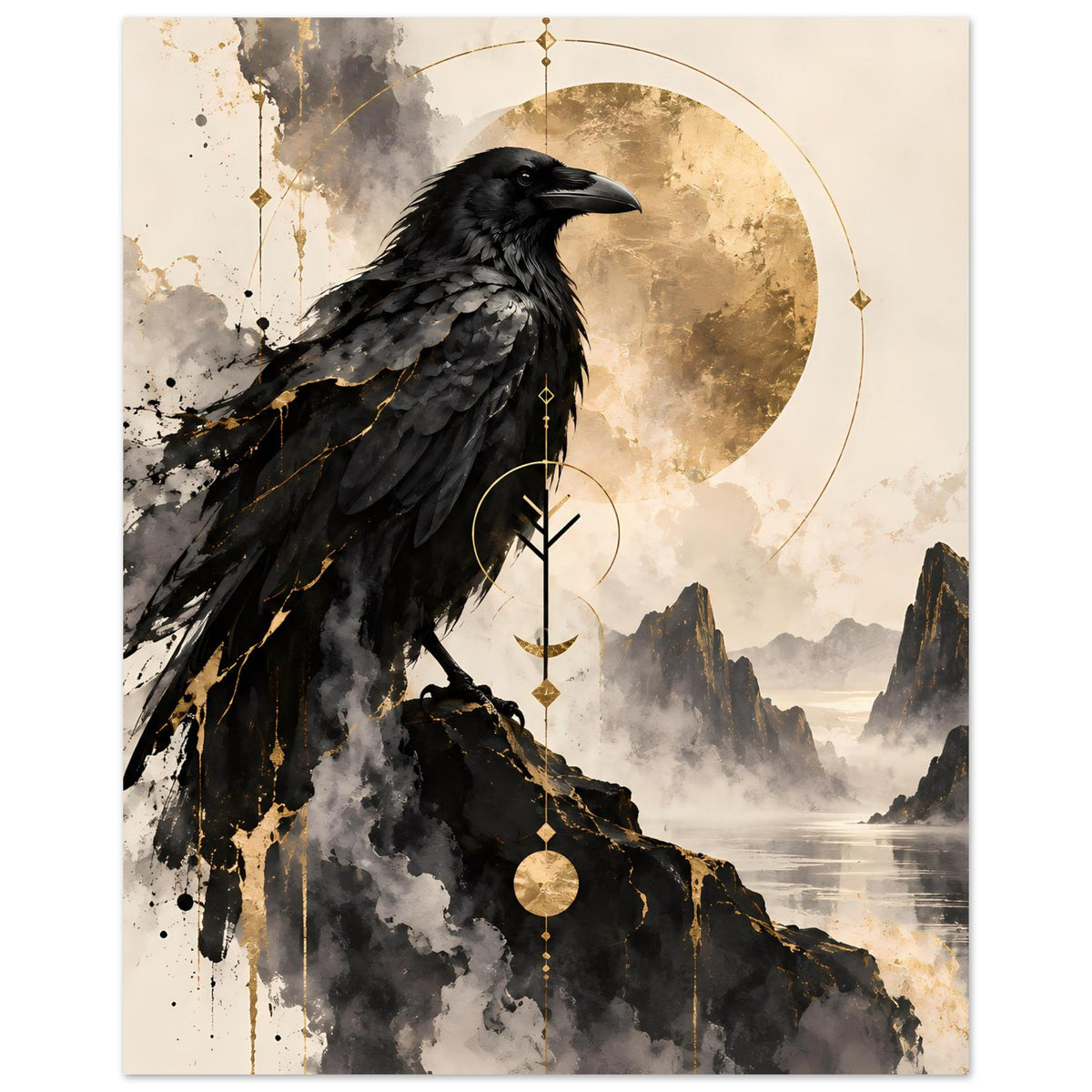 Raben-Vogelkunst-Poster: schwarzer Rabe mit goldenen Linien und Kreis im Hintergrund