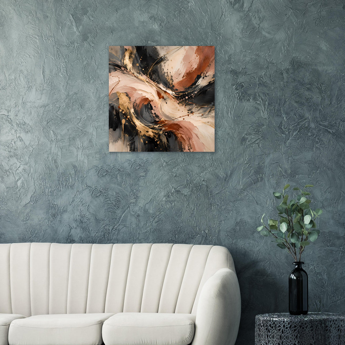 Abstraktes Kunstposter, quadratisch: warmes Beige und Rostbraun mit schwarzen Farbverläufen