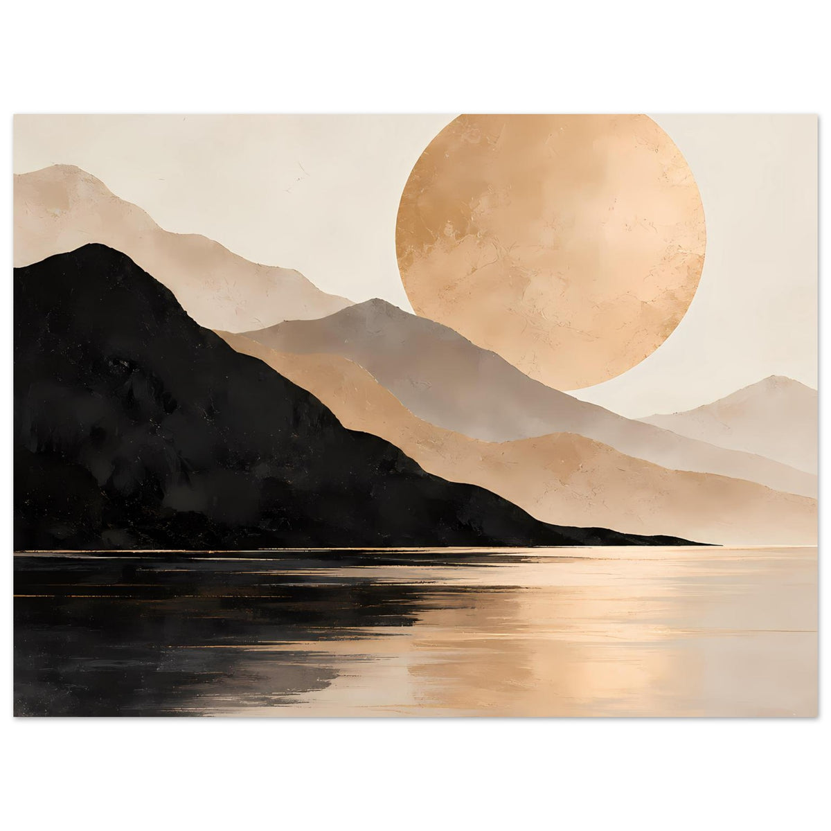 Minimalistisches Landschaftsposter mit Bergmassiv, Wasserfläche und großer goldener Sonne