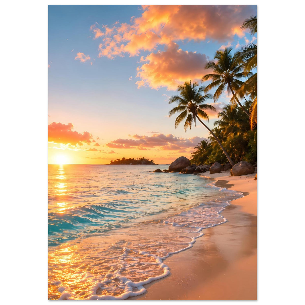 Poster im Hochformat mit Strandlinie, Palmen rechts und orangefarbenem Himmel über dem Meer.