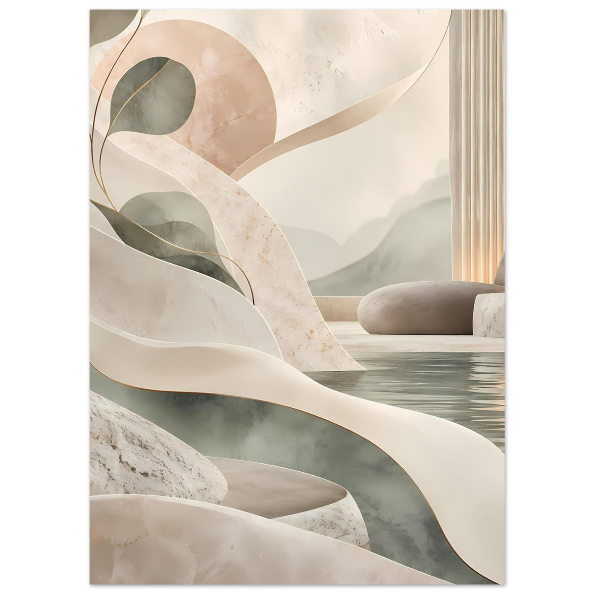 Abstraktes Poster mit weichen Formen und Marmorverlauf, Akzente in Salbeigrün und Creme