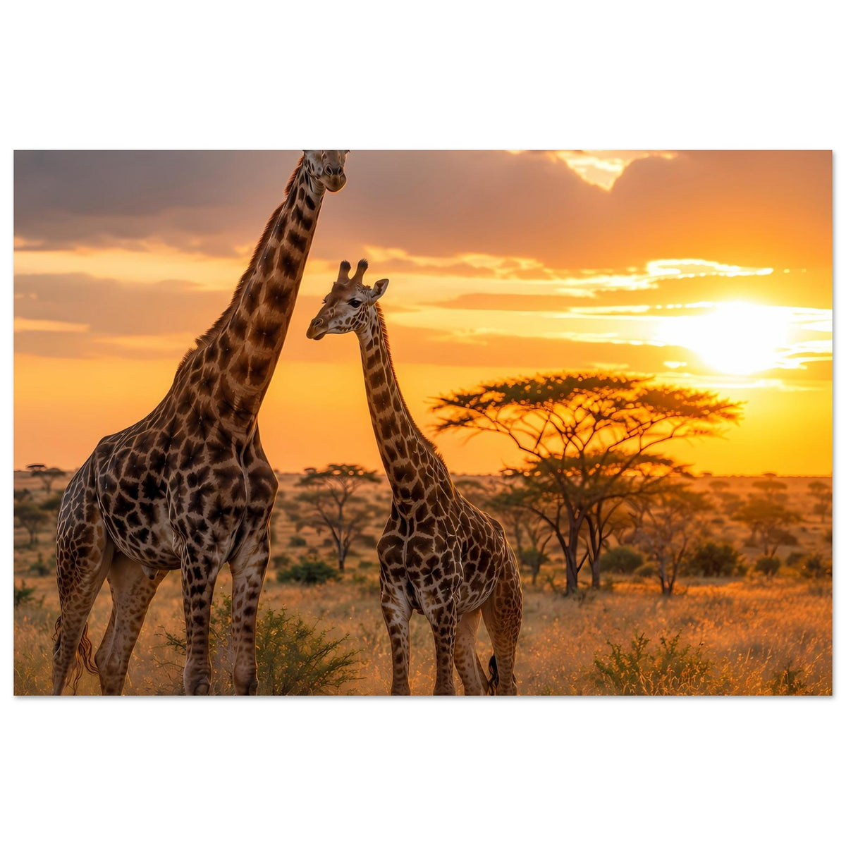 Safari-Sunset-Giraffenposter, horizontal: zwei Giraffen in einer Savannenlandschaft
