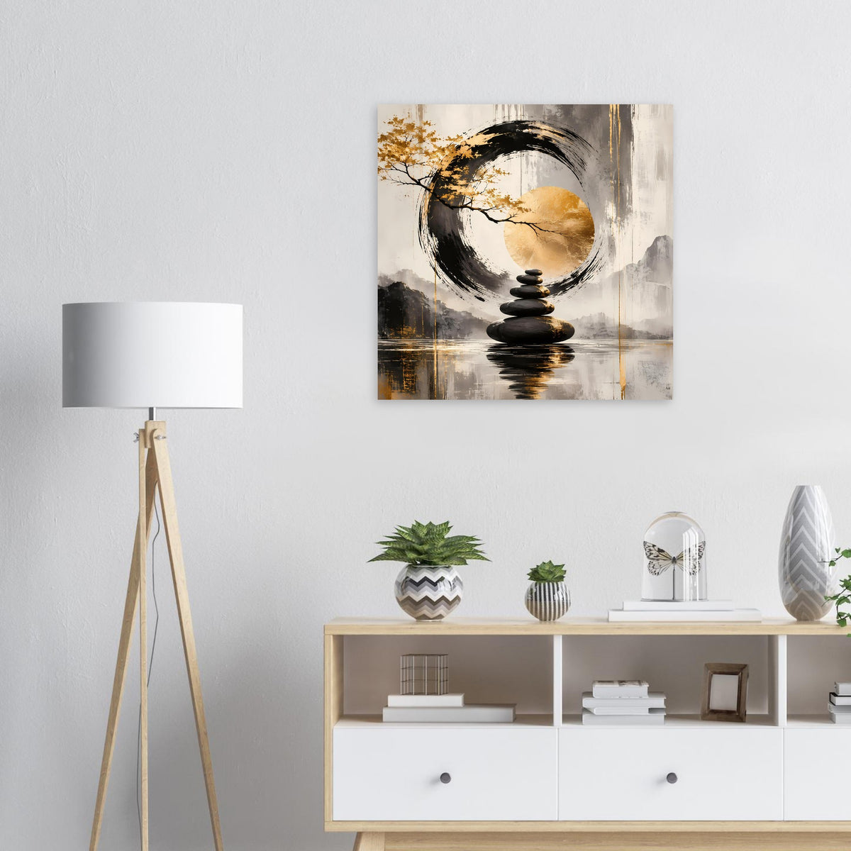 Kunstposter: abstrakter Mondkreis mit Stapelsteinen, goldene Akzente auf Grau/Weiß.