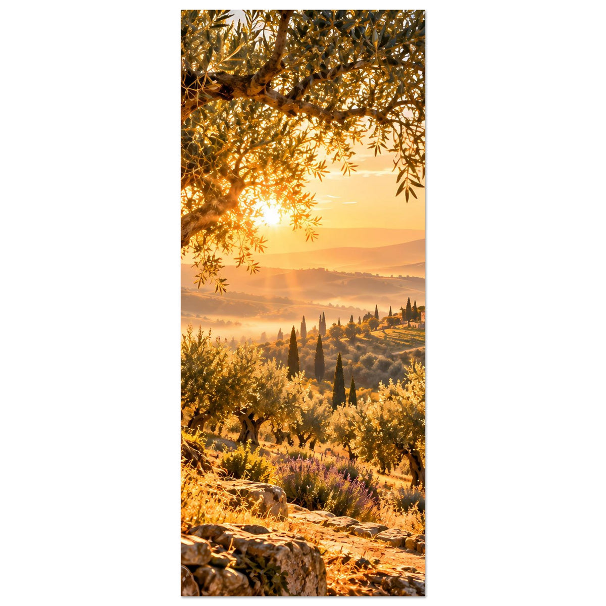 Vertikales Landschaftsposter mit Olivenzweigen, goldenem Sonnenaufgang und Hügellandschaft