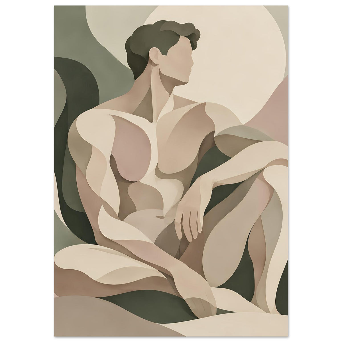 Abstraktes Poster mit sitzender Figur, dunkles Haar, Beige- und Olivgrünflächen