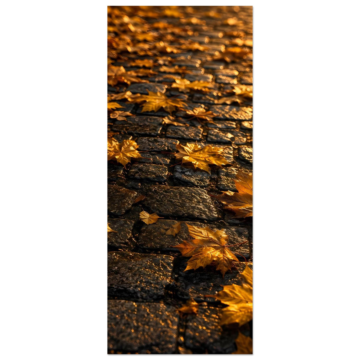 Herbstposter im Hochformat mit goldenen Blättern auf dunkler Steinmauer