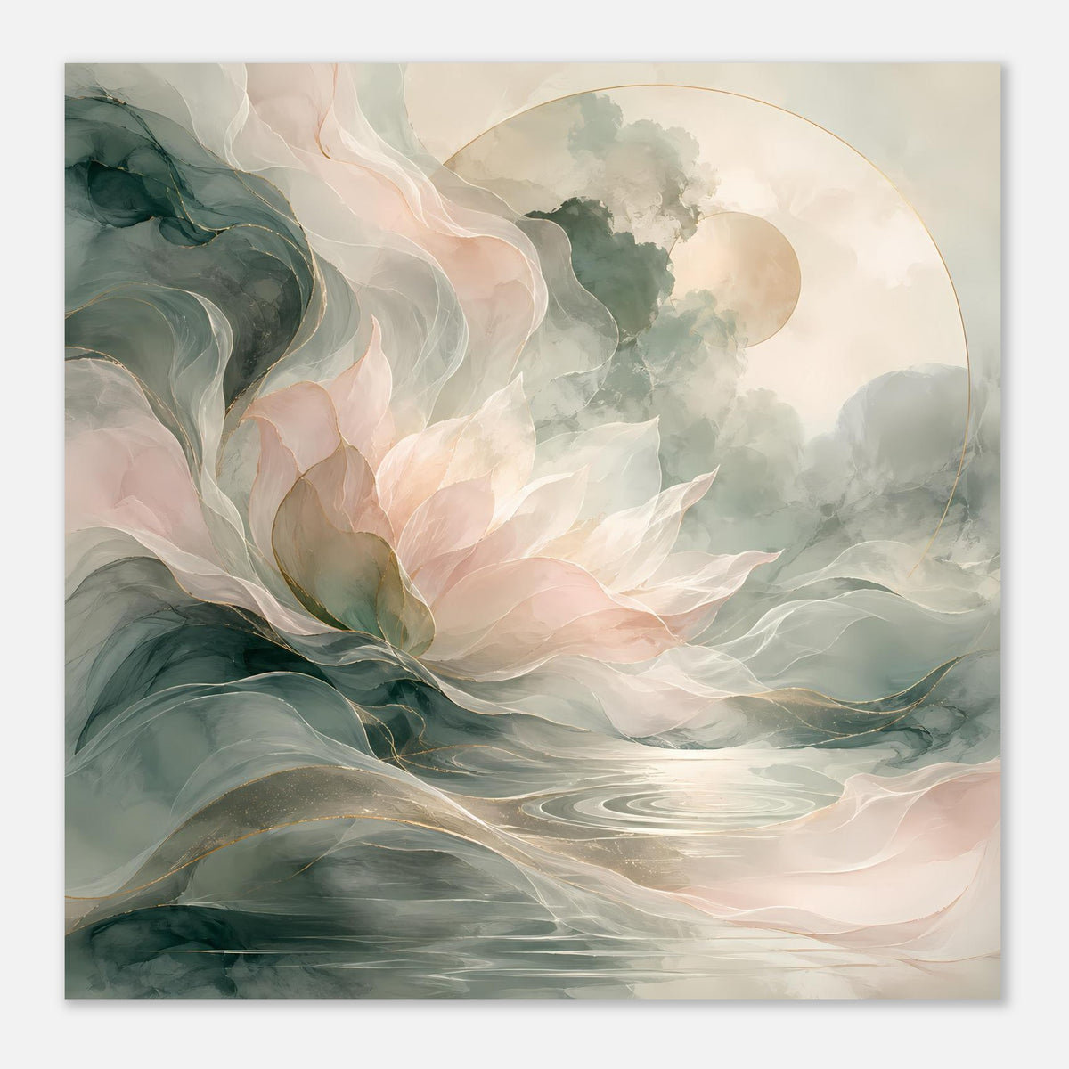 Poster im Querformat mit abstrakten Blüten, Pastellrosa, Salbeigrün und hellen Wolken