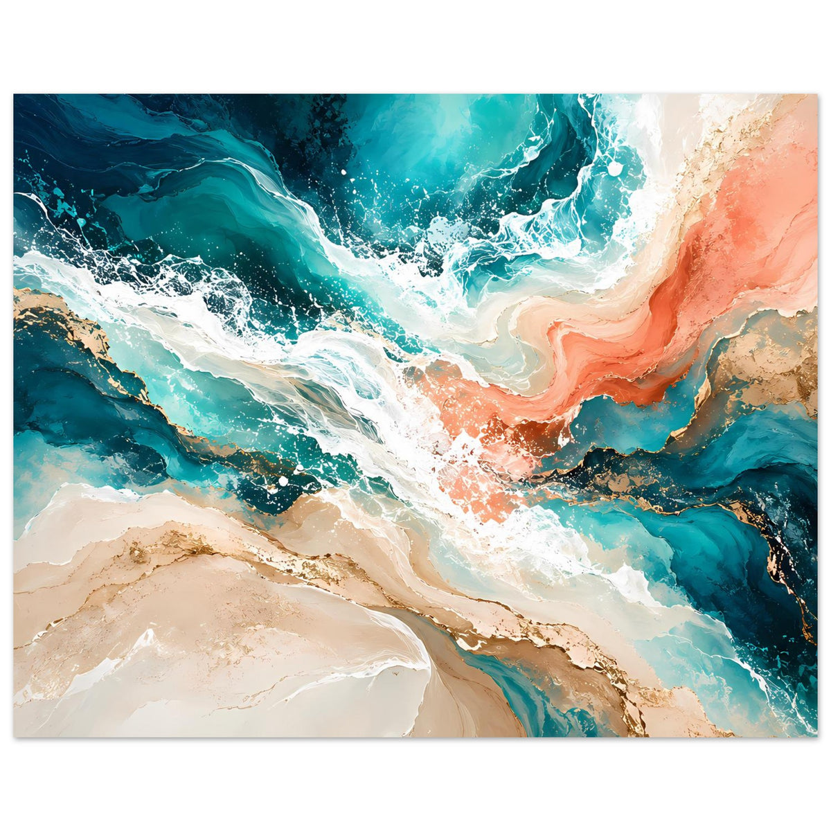 Abstraktes Kunstposter mit türkisblauem Wasserwirbel, weißem Schaum und korallenrotem Rand, horizontal