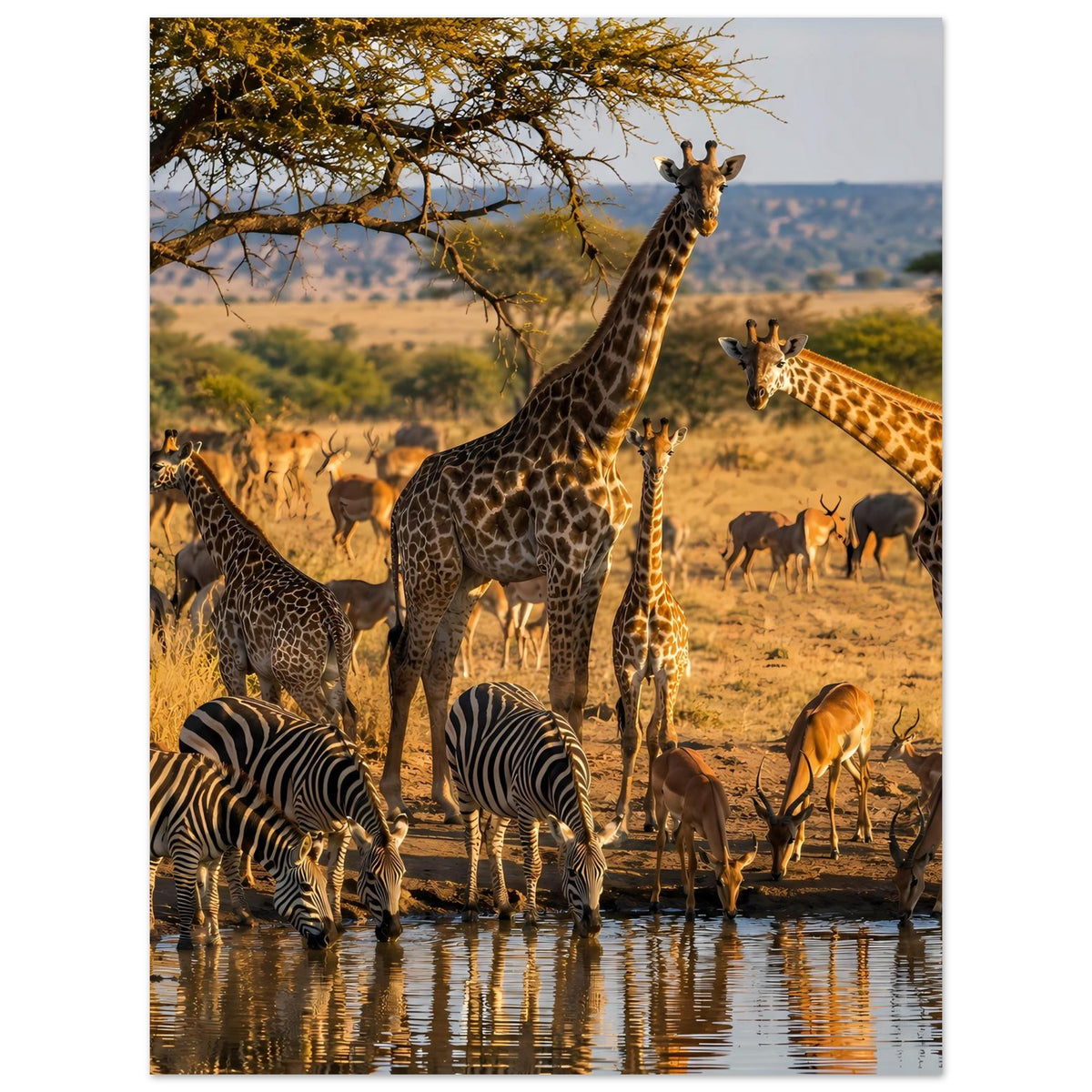 Poster mit Safaritiere: große Giraffen, Zebras und Antilopen an einer Wasserstelle
