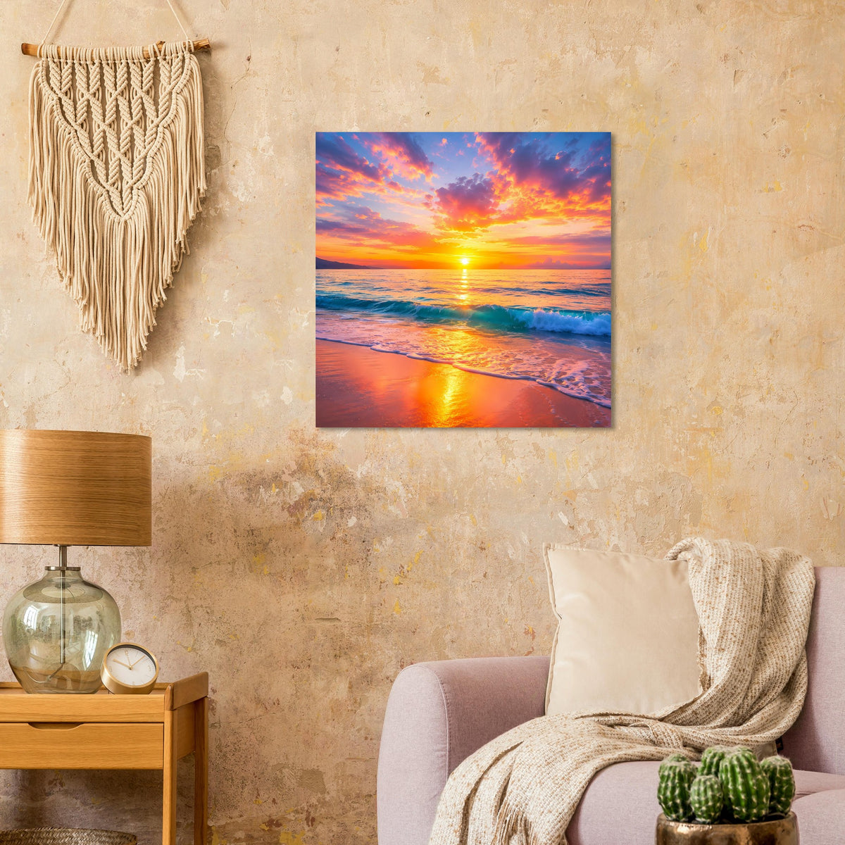 Poster mit Sonnenuntergang am Strand und Meerwellen, blau-rosa Farbverlauf und goldene Sonne