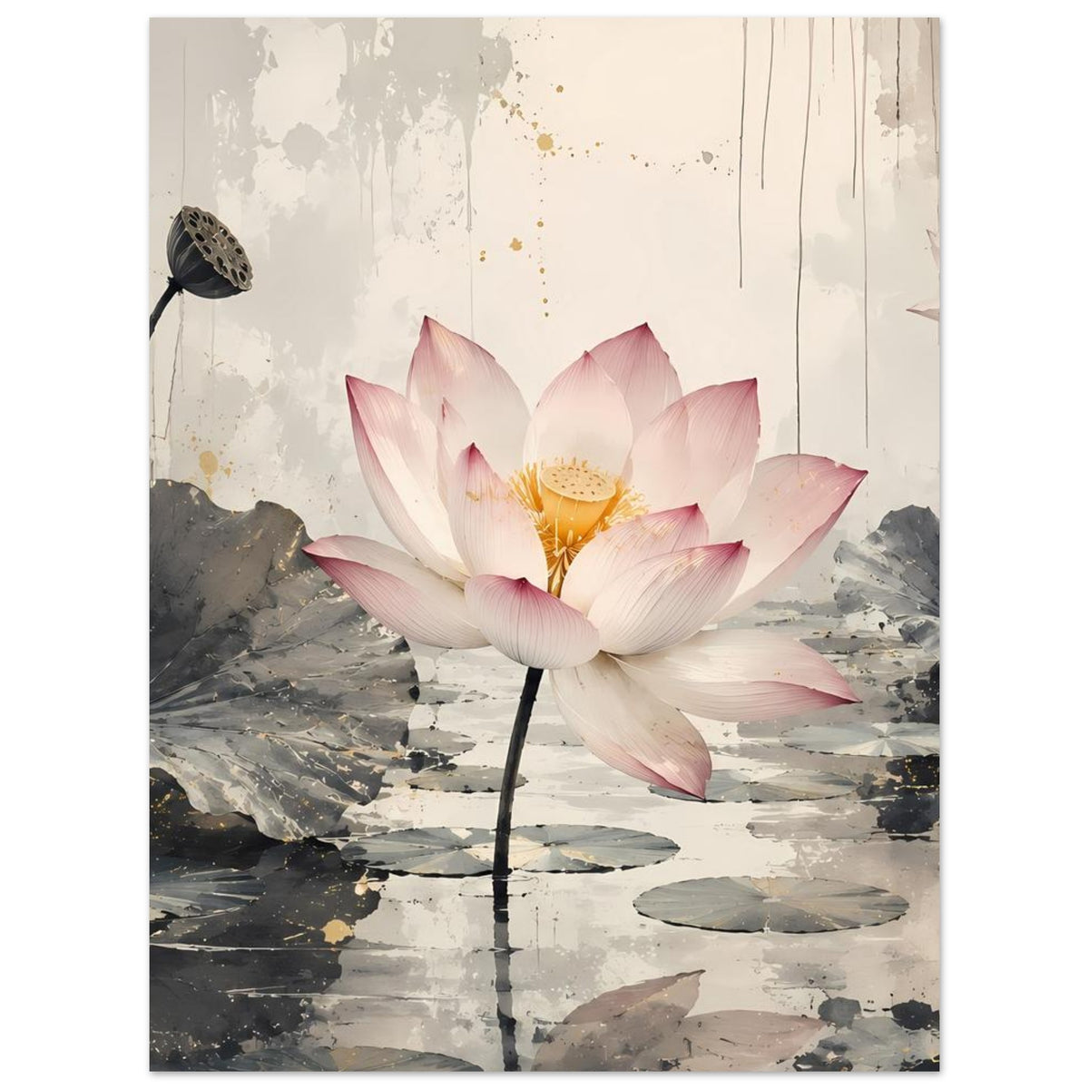 Poster mit rosafarbener Lotusblüte und Wasserlilien, inkl. schwarzer Schmetterling links