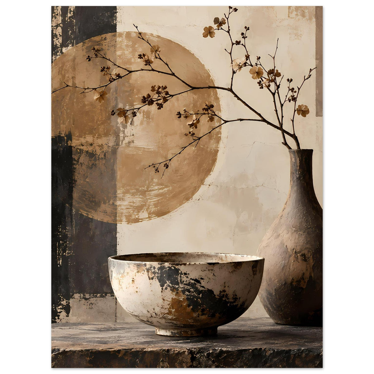 Stillleben-Poster: Keramikschale vorn, bauchige Vase rechts und blühender Zweig vor Kreisrundung