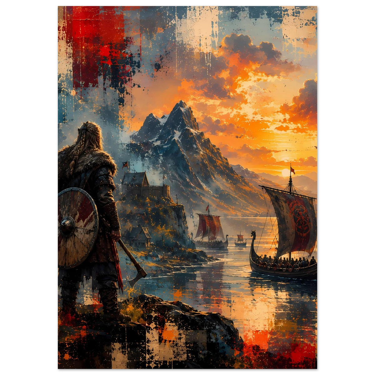 Hochkant-Poster mit Wikingerkrieger, Schild und Drachenboot am Sonnenuntergang im Fjord