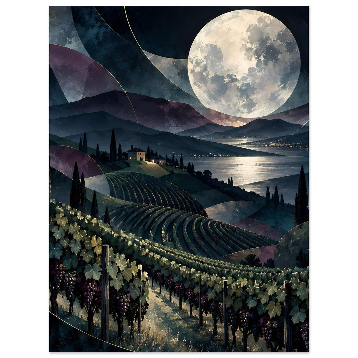 Nachtlandschaftsposter mit Weinbergen, Vollmond, Seeufer und dunkle Hügel, Hochformat