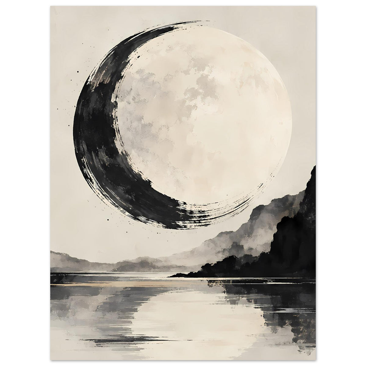 Schwarzweiß-Poster: Mondsichel, Bergsilhouette und reflektierende Wasseroberfläche
