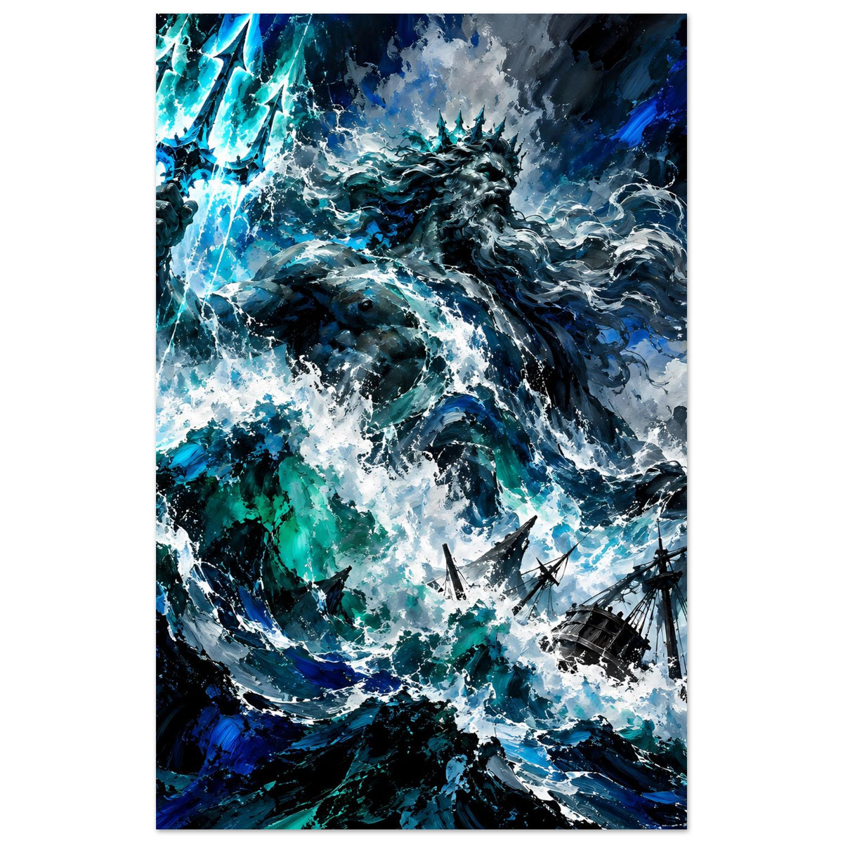 Sturm-Poster (hochkant) mit Poseidon im Wellenmeer, blau-grüne Blitze