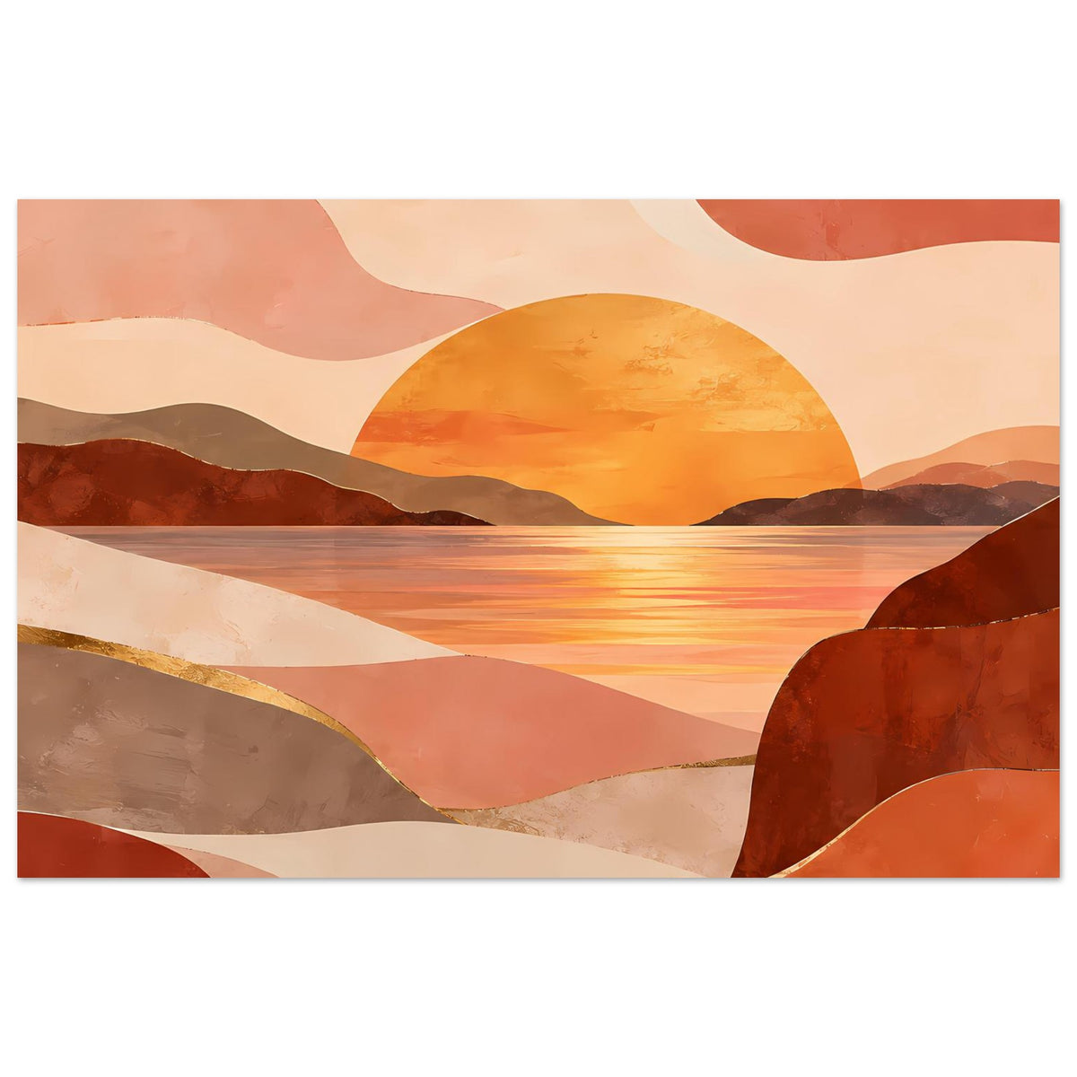 Landschafts-Poster mit runder gelb-oranger Sonne, Bergsilhouetten und Wasser im warmen Farbton