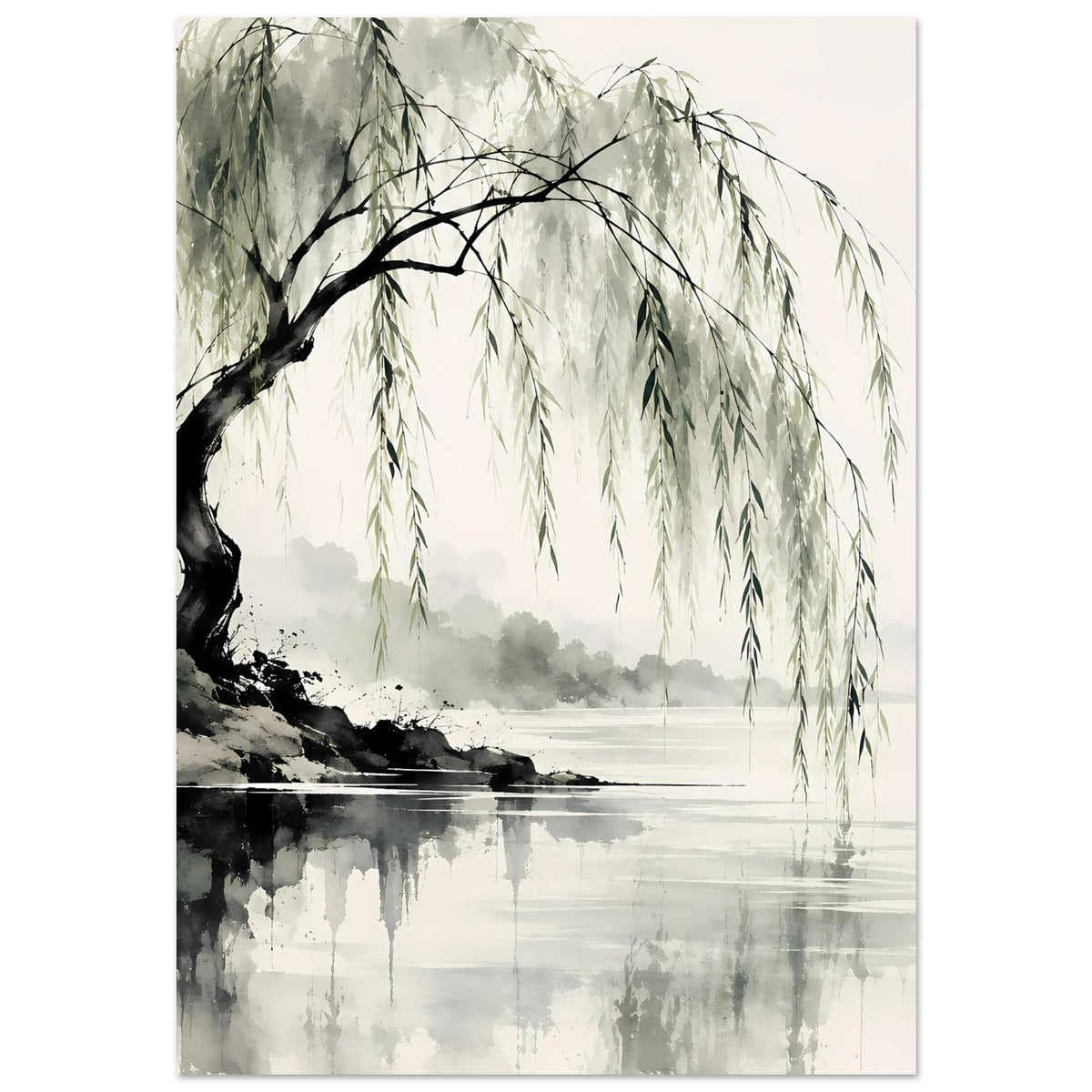 Naturposter Weidenbaum mit blassgrünen Zweigen, Aquarellstil mit Wasserreflexen