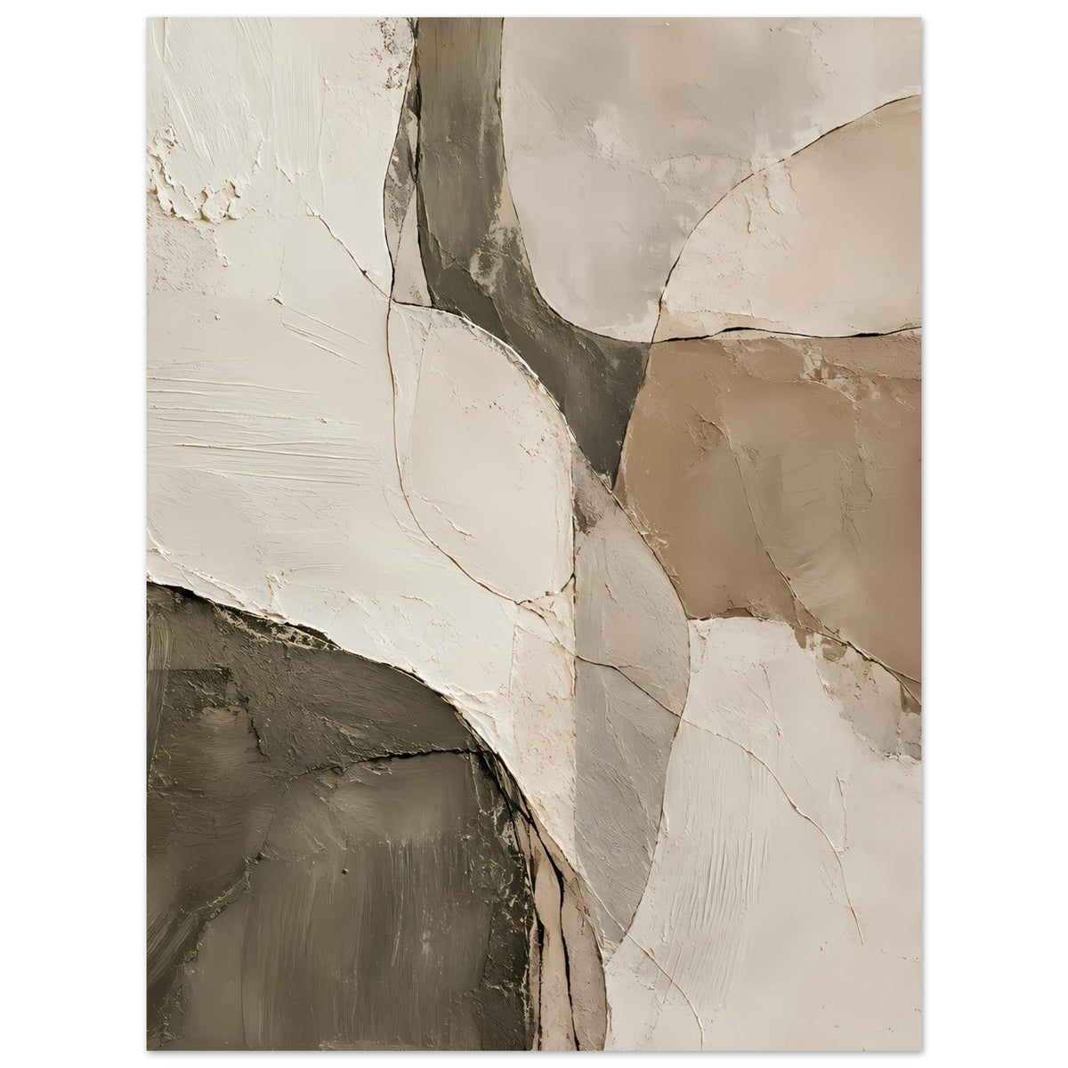 Abstraktes Kunst-Poster: erdige Flächen mit grauer Kurve und weißer Putzstruktur