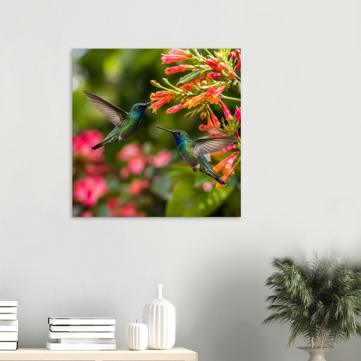 Poster mit zwei Kolibris im Flug vor roten Blüten